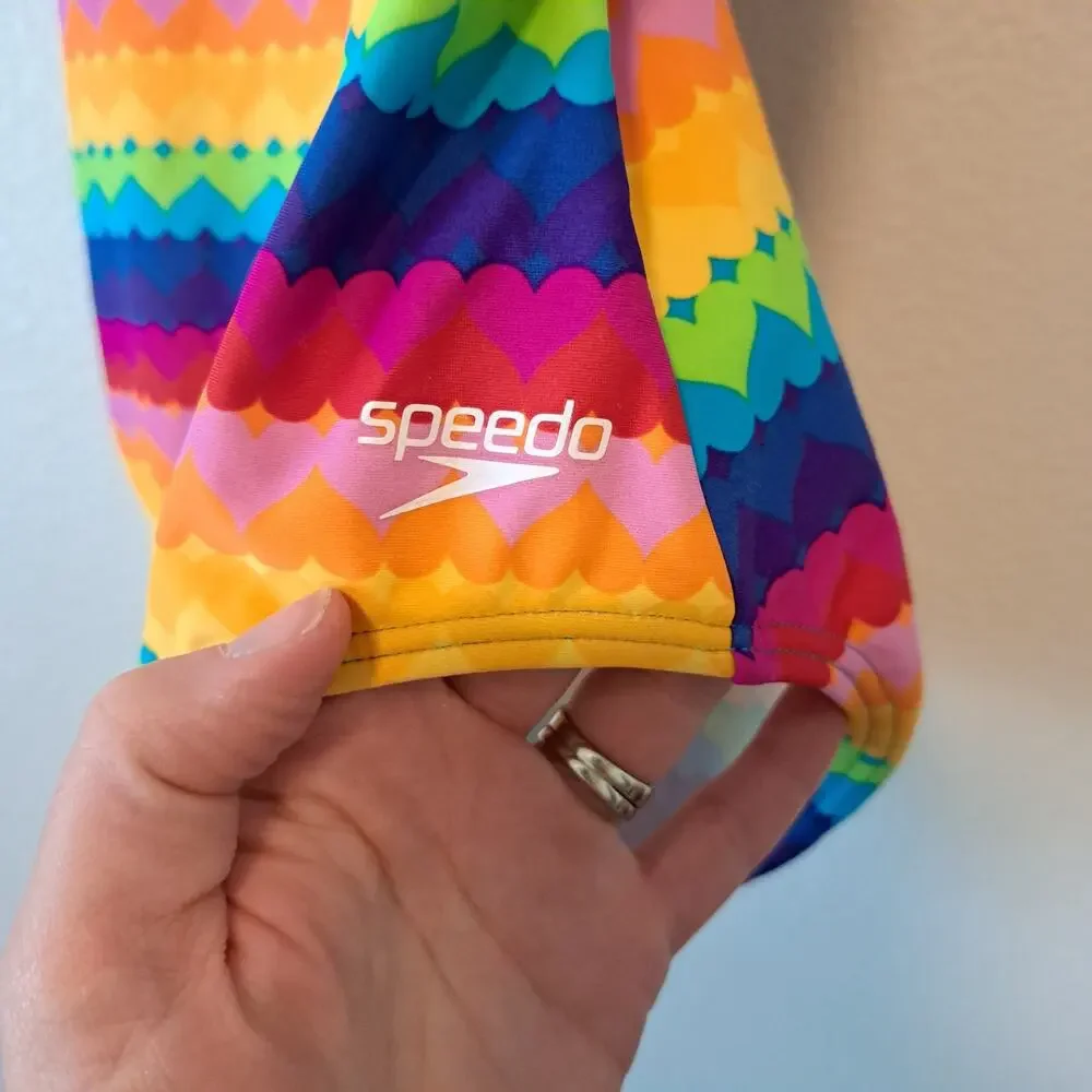 Speedo Girls' Rainbow Heart One Piece multicolor striped blue straps size 14